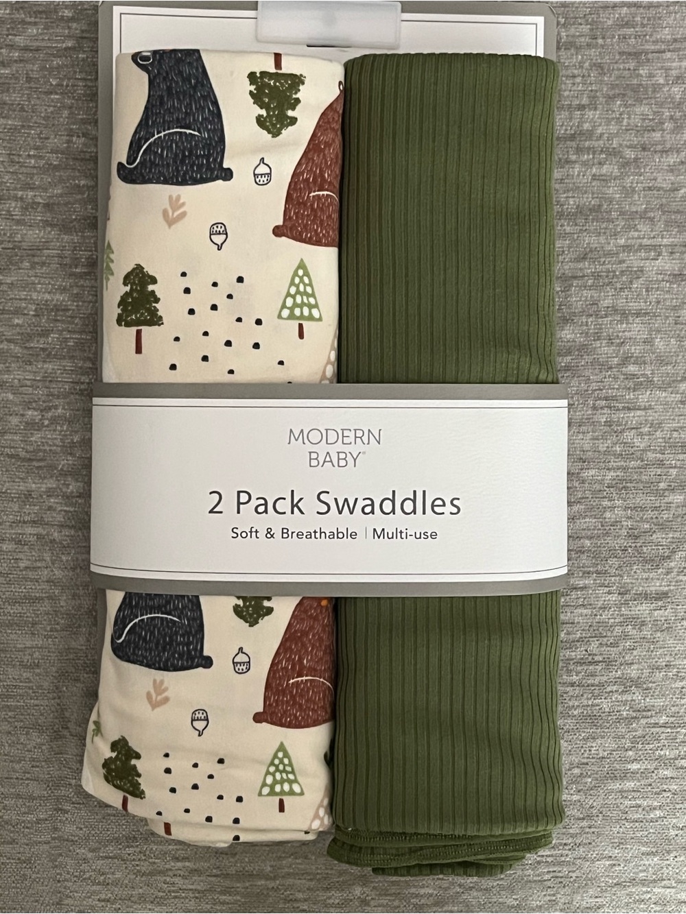 Modern Baby Olive Green & Cream Bear Print 2-Pack Swaddles